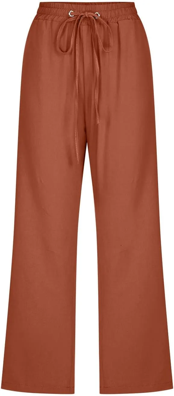Womens Linen Capri Pants 2024 Summer Casual High Waist Elastic Drawstring Loose Soft Pockets Wide Leg Crop Trousers