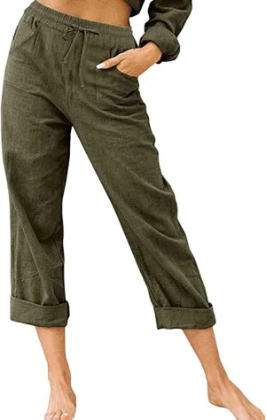 Womens Linen Pants Elastic High Waist Capri Pants 2024 Casual Summer Pants Straight Leg Cropped Trousers with Pocket