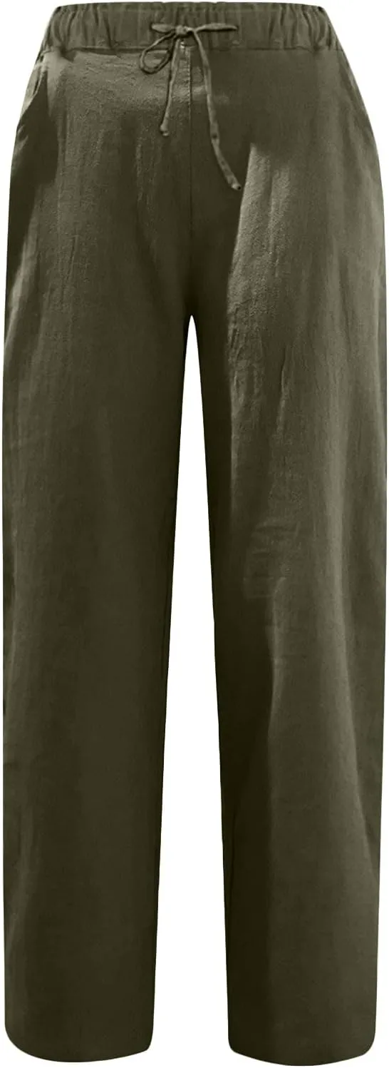 Womens Linen Pants Elastic High Waist Capri Pants 2024 Casual Summer Pants Straight Leg Cropped Trousers with Pocket