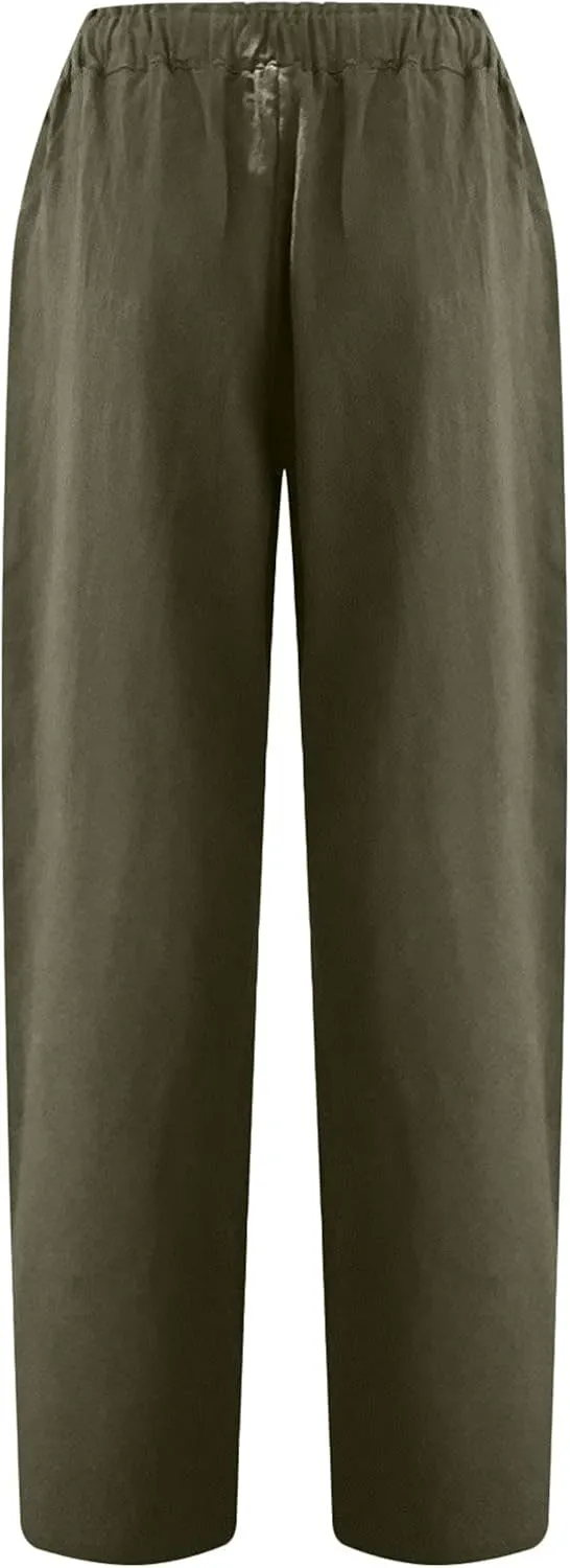 Womens Linen Pants Elastic High Waist Capri Pants 2024 Casual Summer Pants Straight Leg Cropped Trousers with Pocket