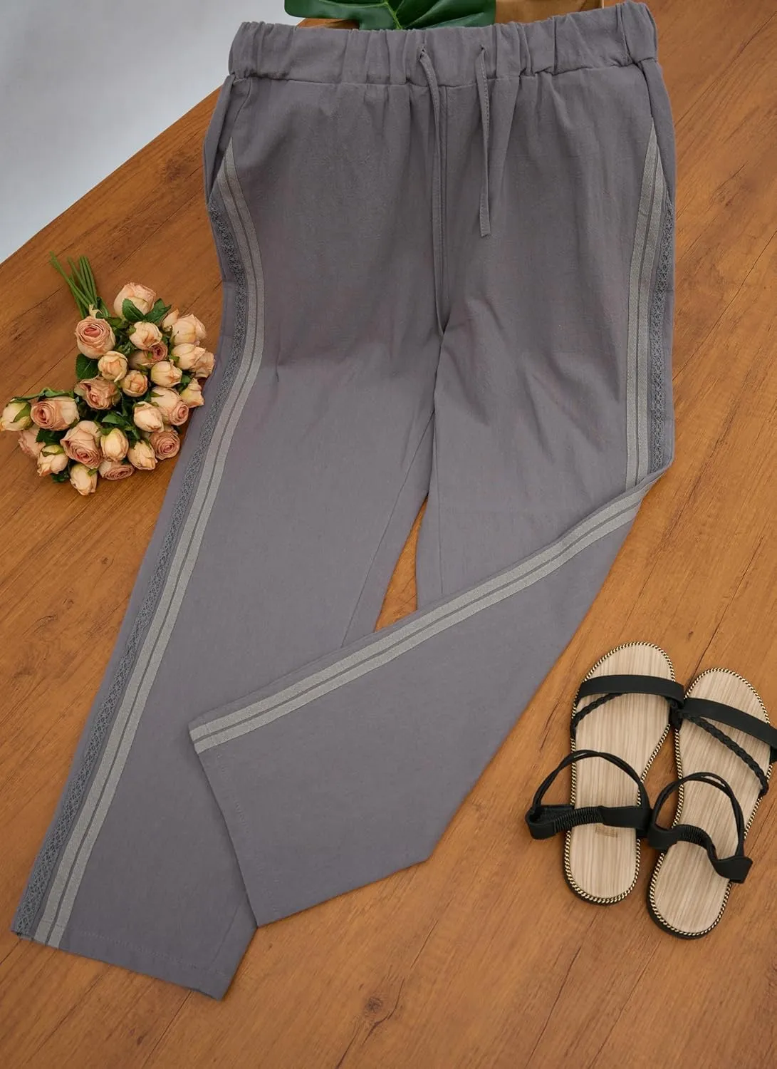 Womens Linen Pants Summer Plus Size Casual Cotton Linen Pants Drawstring Elastic Waist Cropped Trouser with Pockets