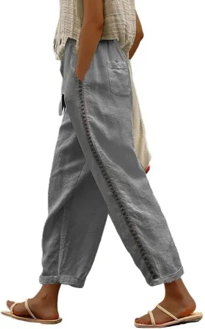Womens Linen Pants Summer Plus Size Casual Cotton Linen Pants Drawstring Elastic Waist Cropped Trouser with Pockets