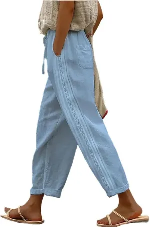 Womens Linen Pants Summer Plus Size Casual Cotton Linen Pants Drawstring Elastic Waist Cropped Trouser with Pockets