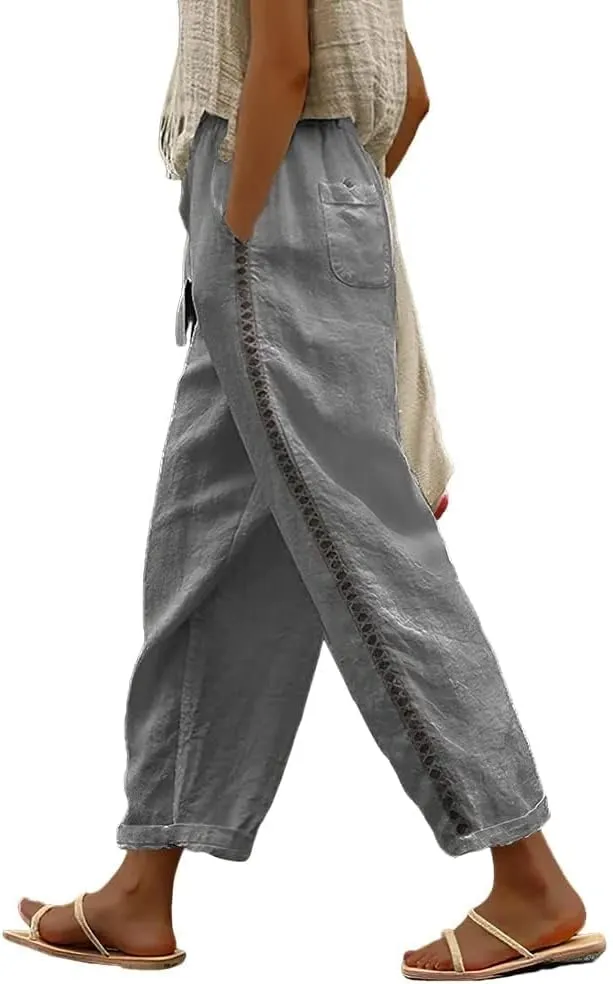 Womens Linen Pants Summer Plus Size Casual Cotton Linen Pants Drawstring Elastic Waist Cropped Trouser with Pockets