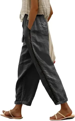Womens Linen Pants Summer Plus Size Casual Cotton Linen Pants Drawstring Elastic Waist Cropped Trouser with Pockets
