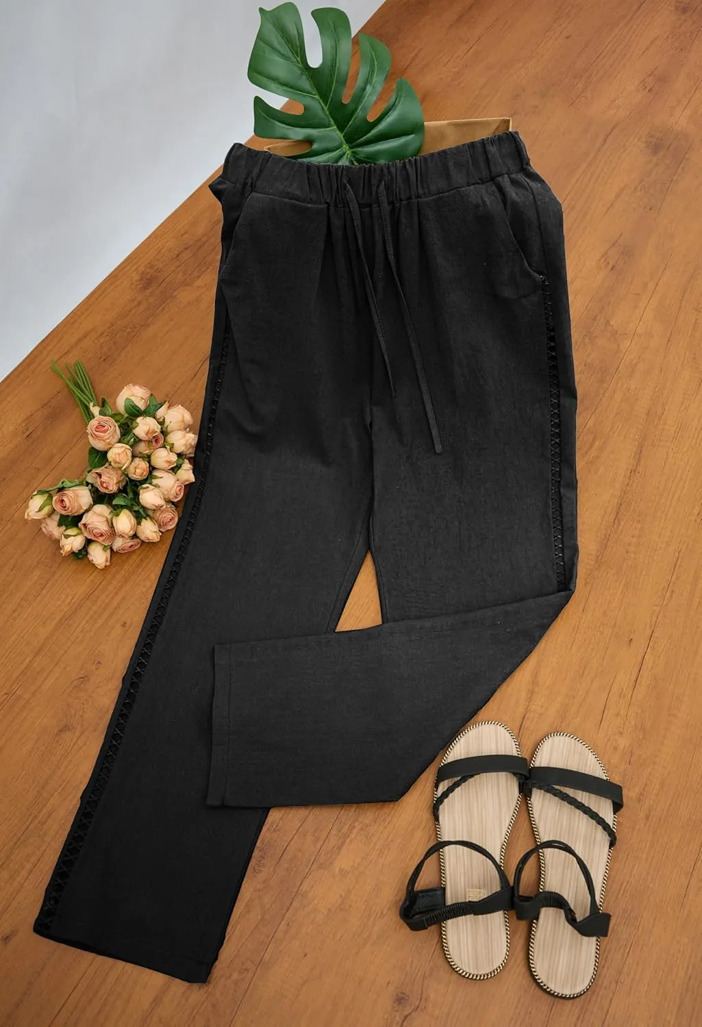 Womens Linen Pants Summer Plus Size Casual Cotton Linen Pants Drawstring Elastic Waist Cropped Trouser with Pockets