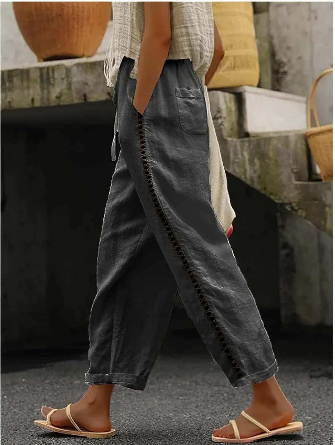 Womens Linen Pants Summer Plus Size Casual Cotton Linen Pants Drawstring Elastic Waist Cropped Trouser with Pockets