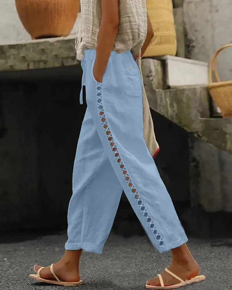 Womens Linen Pants Summer Plus Size Casual Cotton Linen Pants Drawstring Elastic Waist Cropped Trouser with Pockets