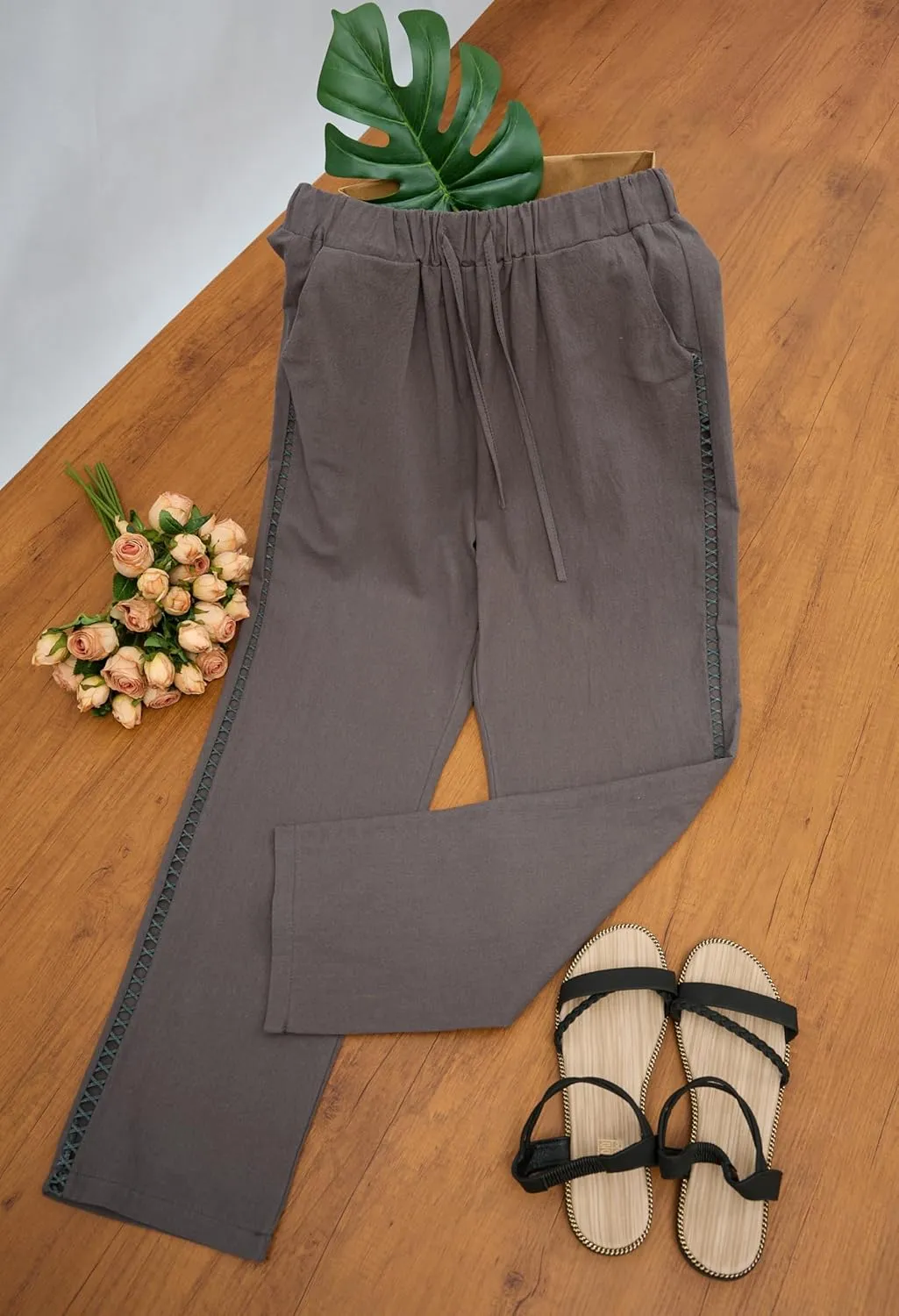 Womens Linen Pants Summer Plus Size Casual Cotton Linen Pants Drawstring Elastic Waist Cropped Trouser with Pockets