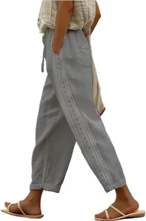 Womens Linen Pants Summer Plus Size Casual Cotton Linen Pants Drawstring Elastic Waist Cropped Trouser with Pockets