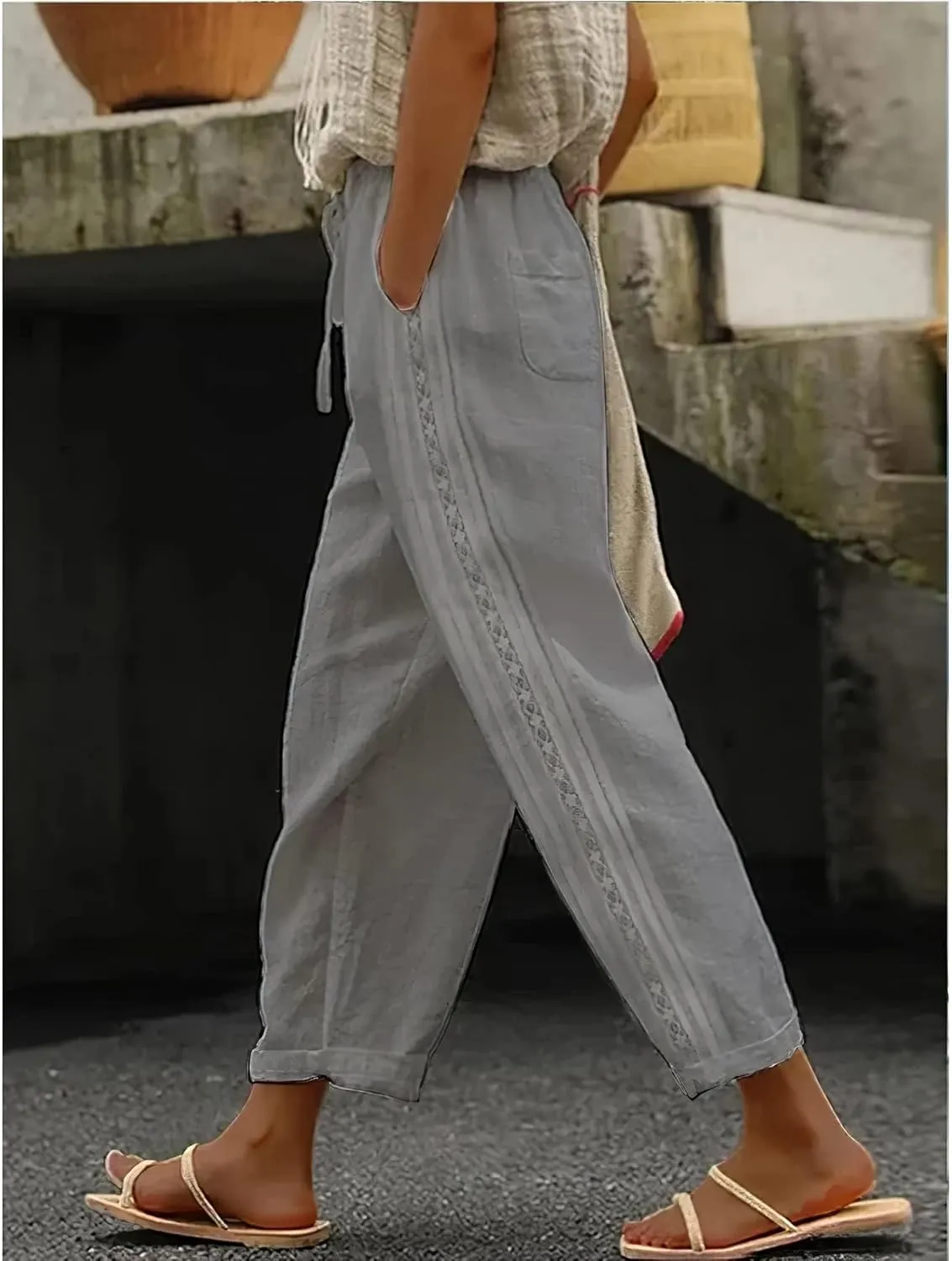 Womens Linen Pants Summer Plus Size Casual Cotton Linen Pants Drawstring Elastic Waist Cropped Trouser with Pockets