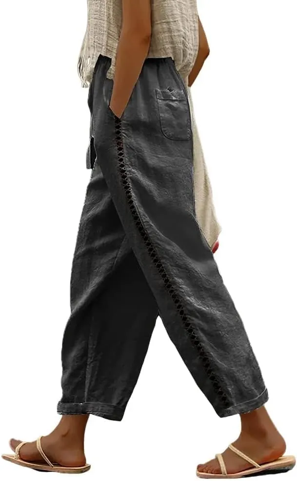 Womens Linen Pants Summer Plus Size Casual Cotton Linen Pants Drawstring Elastic Waist Cropped Trouser with Pockets