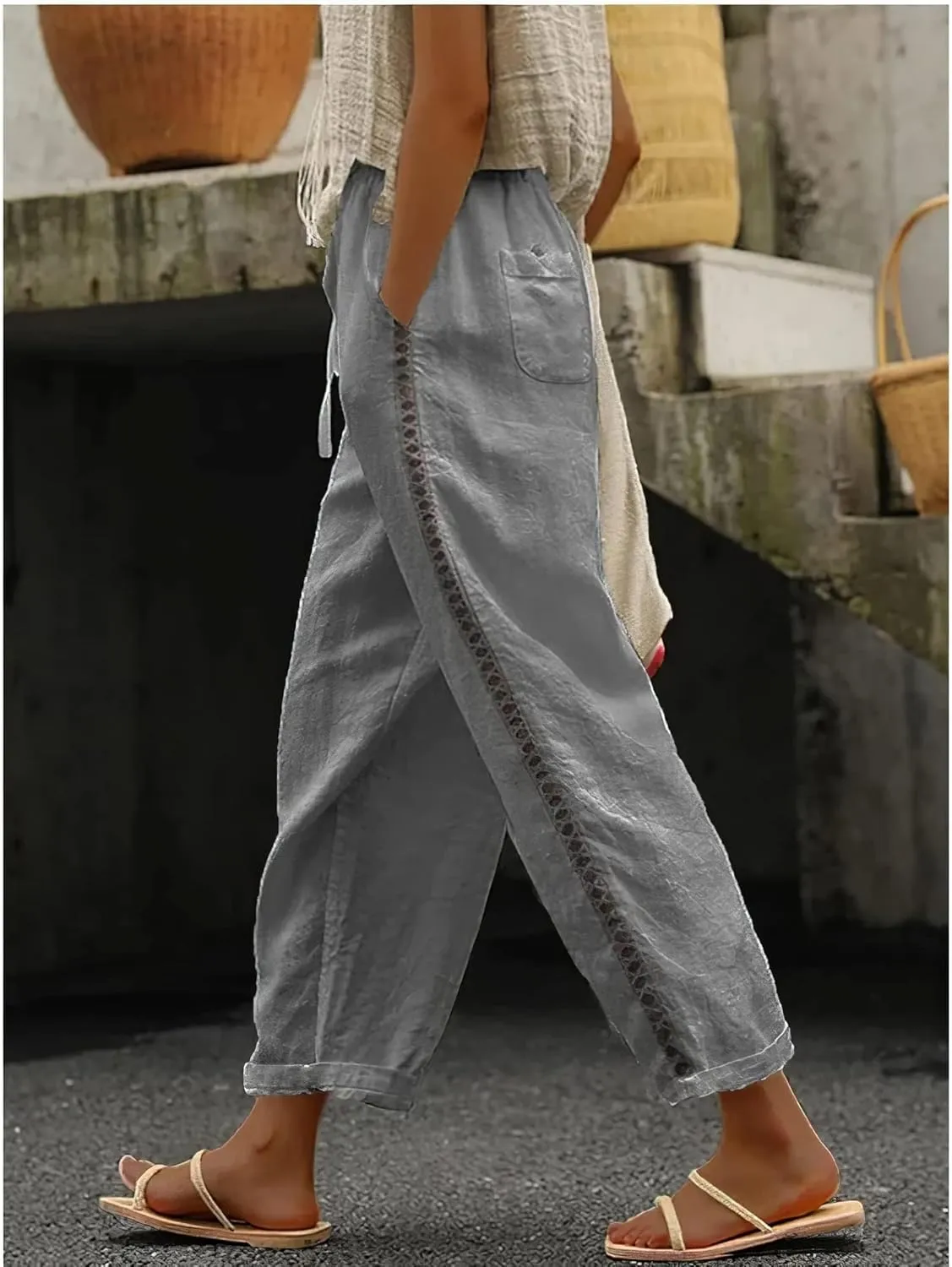 Womens Linen Pants Summer Plus Size Casual Cotton Linen Pants Drawstring Elastic Waist Cropped Trouser with Pockets