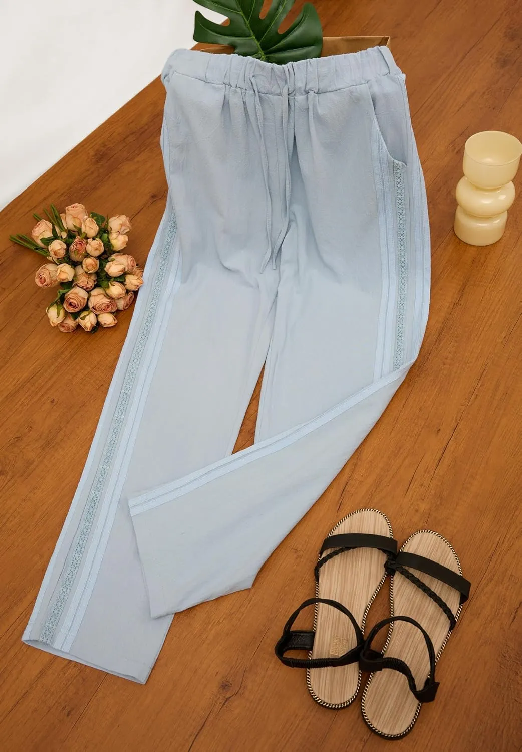 Womens Linen Pants Summer Plus Size Casual Cotton Linen Pants Drawstring Elastic Waist Cropped Trouser with Pockets