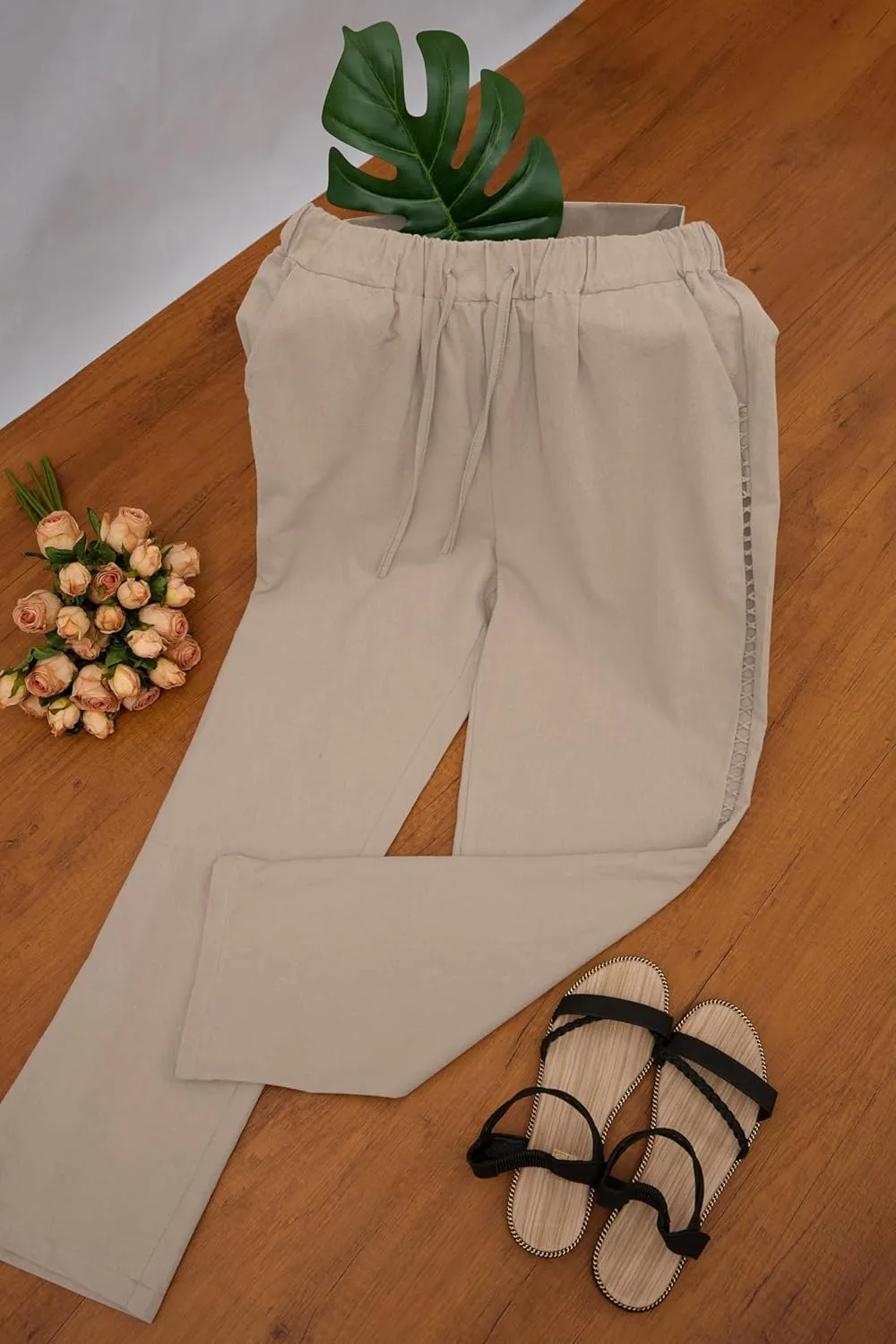 Womens Linen Pants Summer Plus Size Casual Cotton Linen Pants Drawstring Elastic Waist Cropped Trouser with Pockets