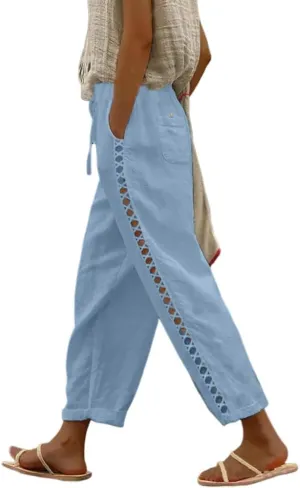 Womens Linen Pants Summer Plus Size Casual Cotton Linen Pants Drawstring Elastic Waist Cropped Trouser with Pockets