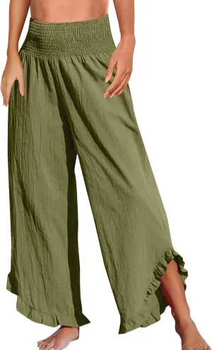 WomenS Linen Wide Leg Pants Flowy Smocked Waist Ruffle Hem Lightweight Summer Beach Vacation Trousers with Pockets