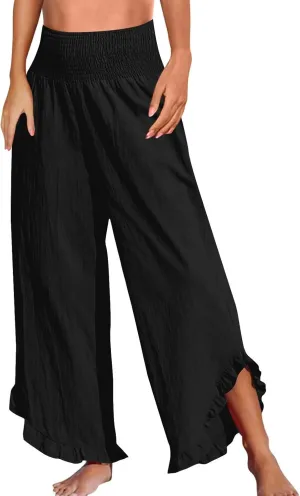 WomenS Linen Wide Leg Pants Flowy Smocked Waist Ruffle Hem Lightweight Summer Beach Vacation Trousers with Pockets