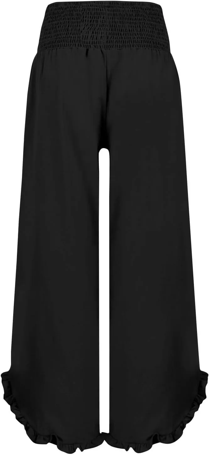 WomenS Linen Wide Leg Pants Flowy Smocked Waist Ruffle Hem Lightweight Summer Beach Vacation Trousers with Pockets