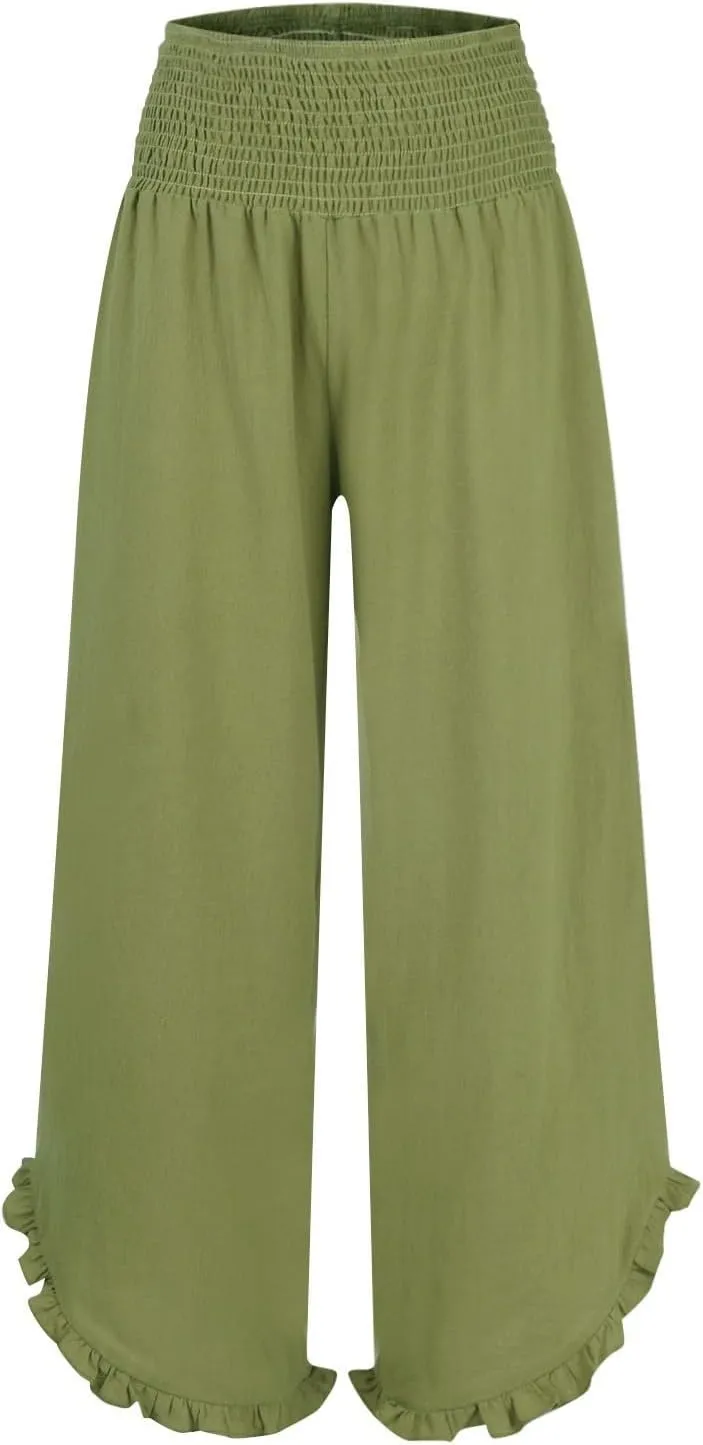 WomenS Linen Wide Leg Pants Flowy Smocked Waist Ruffle Hem Lightweight Summer Beach Vacation Trousers with Pockets