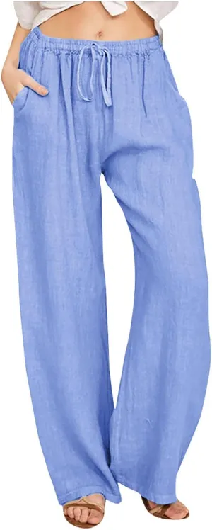 Women's Summer Cotton Linen Pants High Waist Wide Leg Loose Palazzo Trousers Casual Beach Pant Loose Fit with Pockets