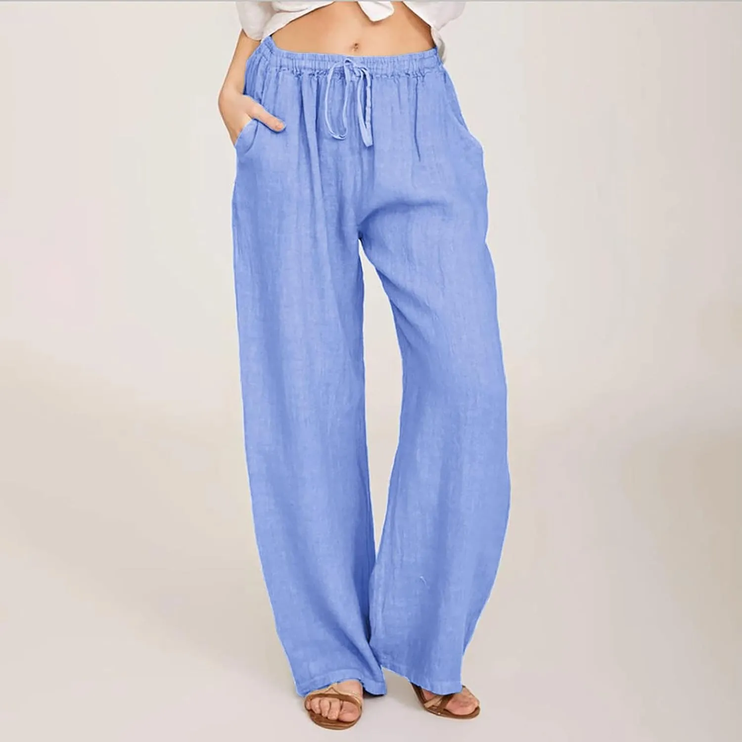 Women's Summer Cotton Linen Pants High Waist Wide Leg Loose Palazzo Trousers Casual Beach Pant Loose Fit with Pockets