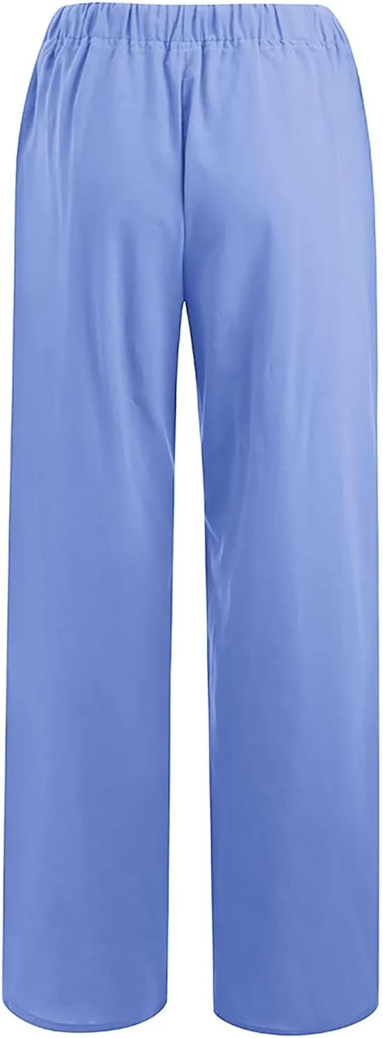 Women's Summer Cotton Linen Pants High Waist Wide Leg Loose Palazzo Trousers Casual Beach Pant Loose Fit with Pockets