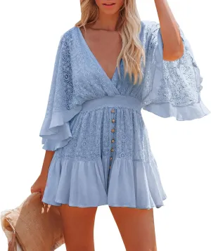 Women's Summer Sexy Elegant Trendy V-Neck Short Sleeve Lace Solid Color Prom Party Cocktail Mini Dresses, S-2XL