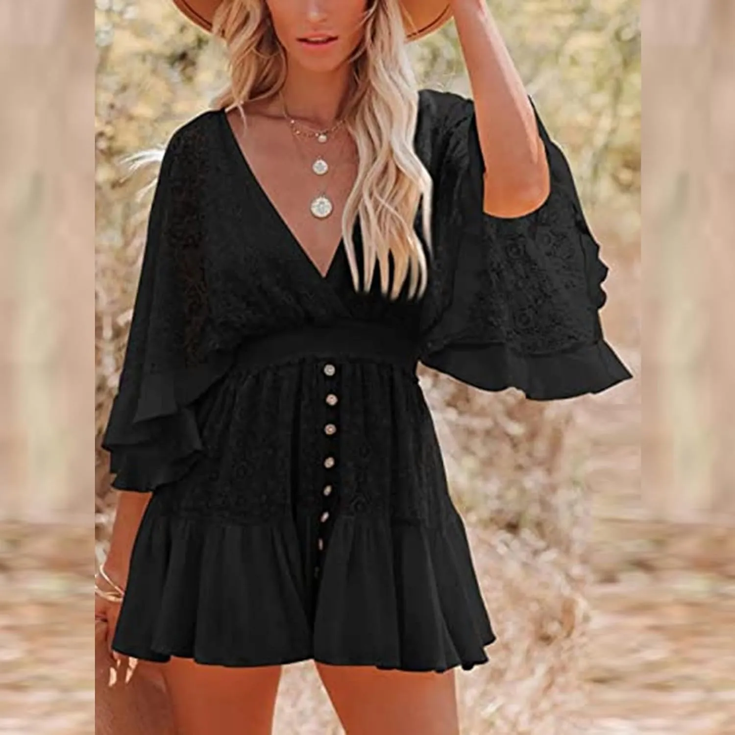 Women's Summer Sexy Elegant Trendy V-Neck Short Sleeve Lace Solid Color Prom Party Cocktail Mini Dresses, S-2XL
