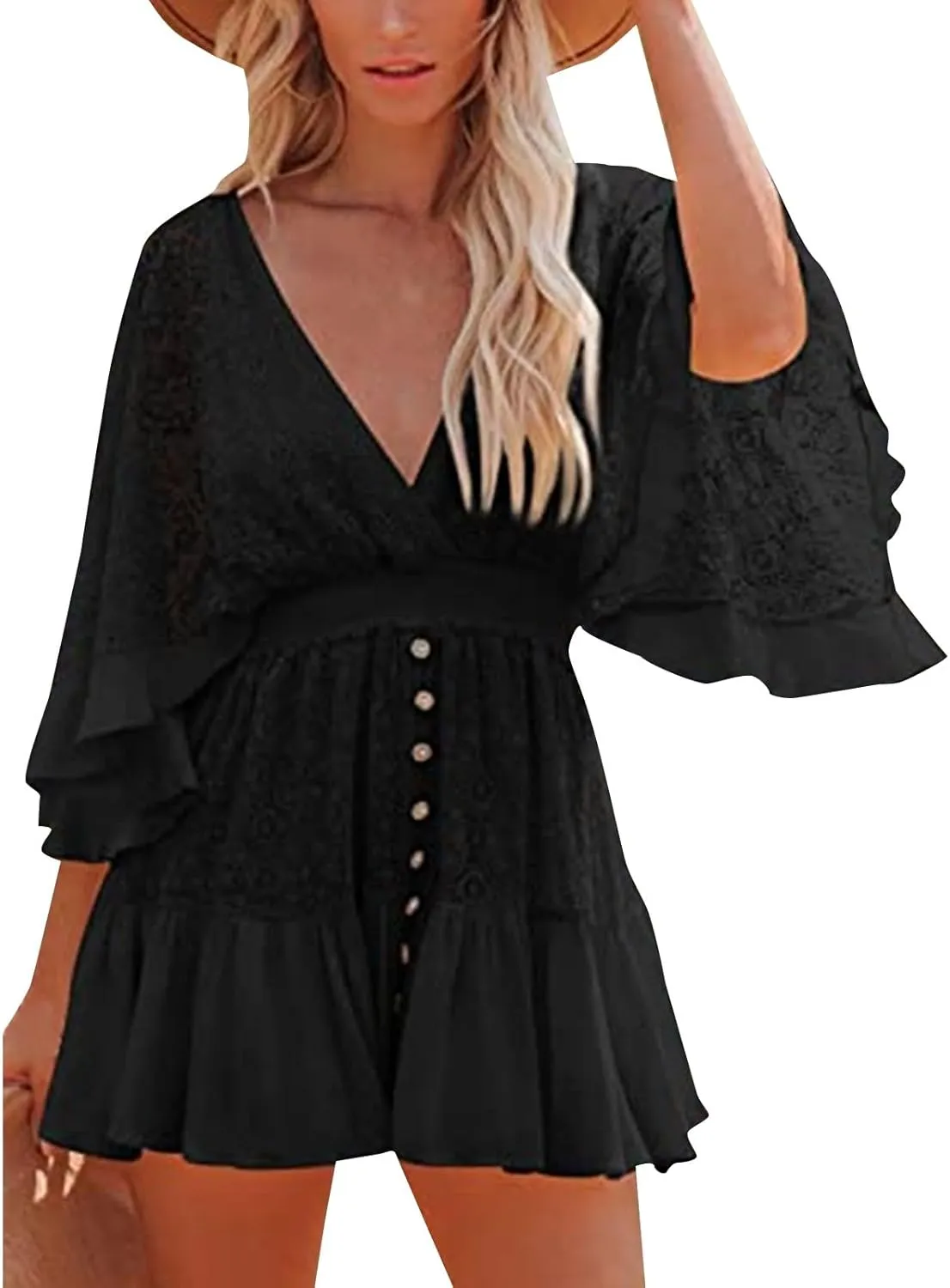 Women's Summer Sexy Elegant Trendy V-Neck Short Sleeve Lace Solid Color Prom Party Cocktail Mini Dresses, S-2XL