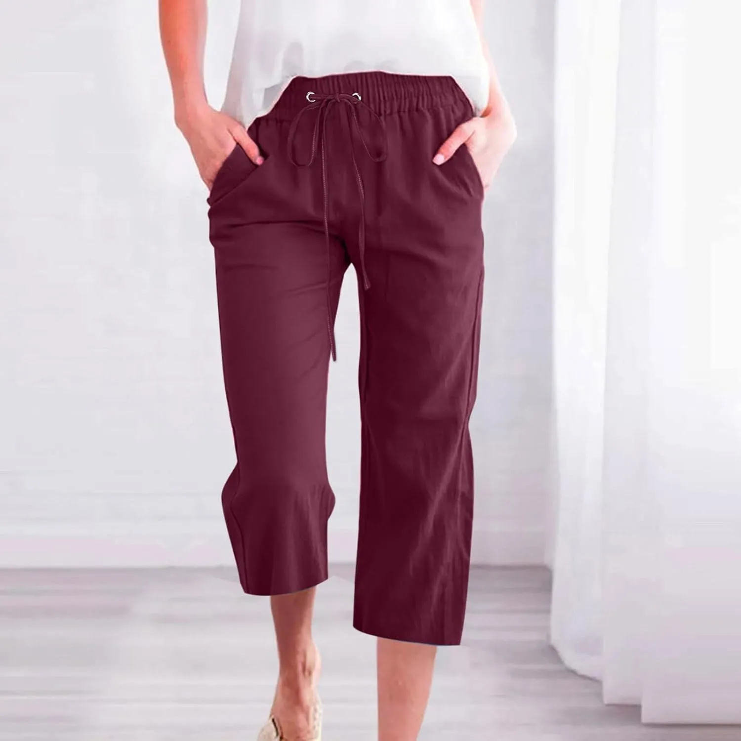 yardsong Linen Capris for Women Summer Casual Loose Fit Cropped Pants Drawstring Elastic Waist Lounge Pant with Pockets