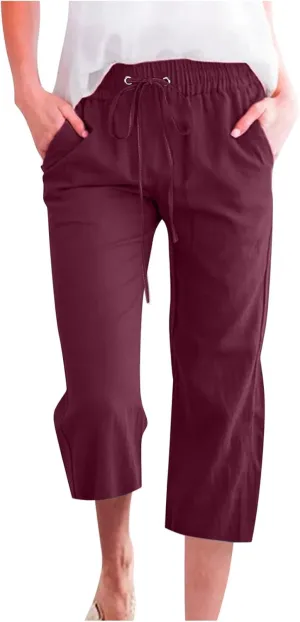 yardsong Linen Capris for Women Summer Casual Loose Fit Cropped Pants Drawstring Elastic Waist Lounge Pant with Pockets