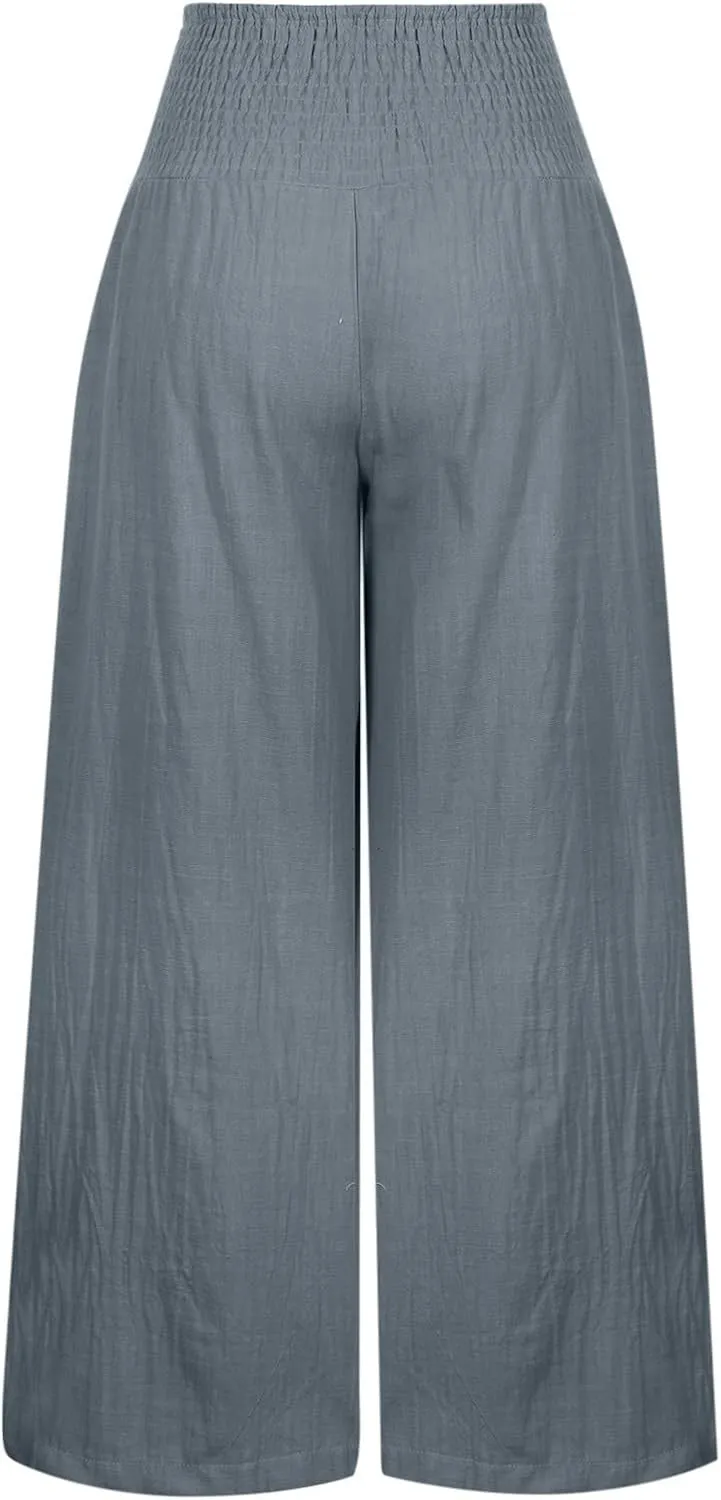 yardsong Linen Pants Women 2024 Summer Trendy Casual Wide Leg Pant Smocked High Waisted Palazzo Beach Pants with Pockets