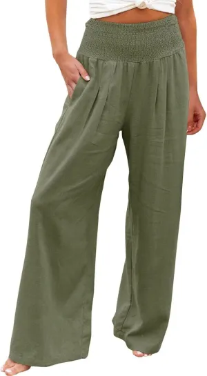 yardsong Linen Pants Women 2024 Summer Trendy Casual Wide Leg Pant Smocked High Waisted Palazzo Beach Pants with Pockets
