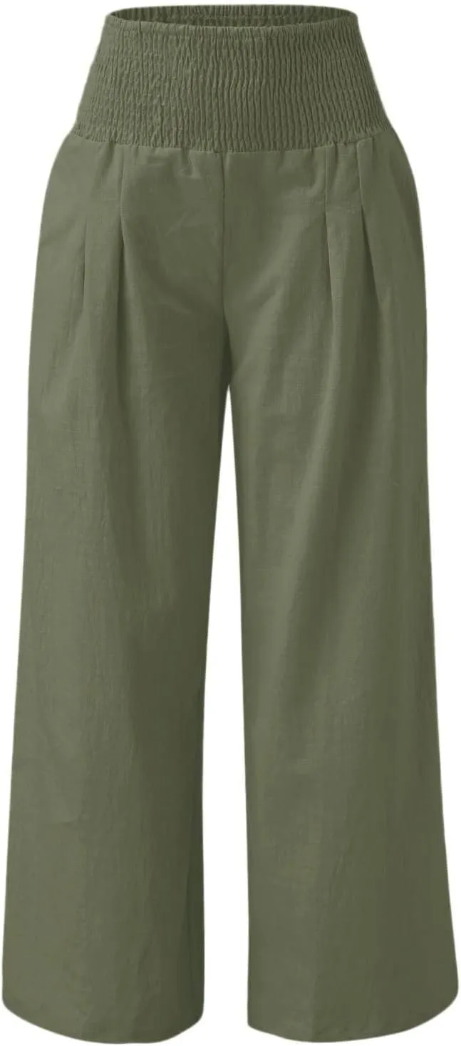 yardsong Linen Pants Women 2024 Summer Trendy Casual Wide Leg Pant Smocked High Waisted Palazzo Beach Pants with Pockets