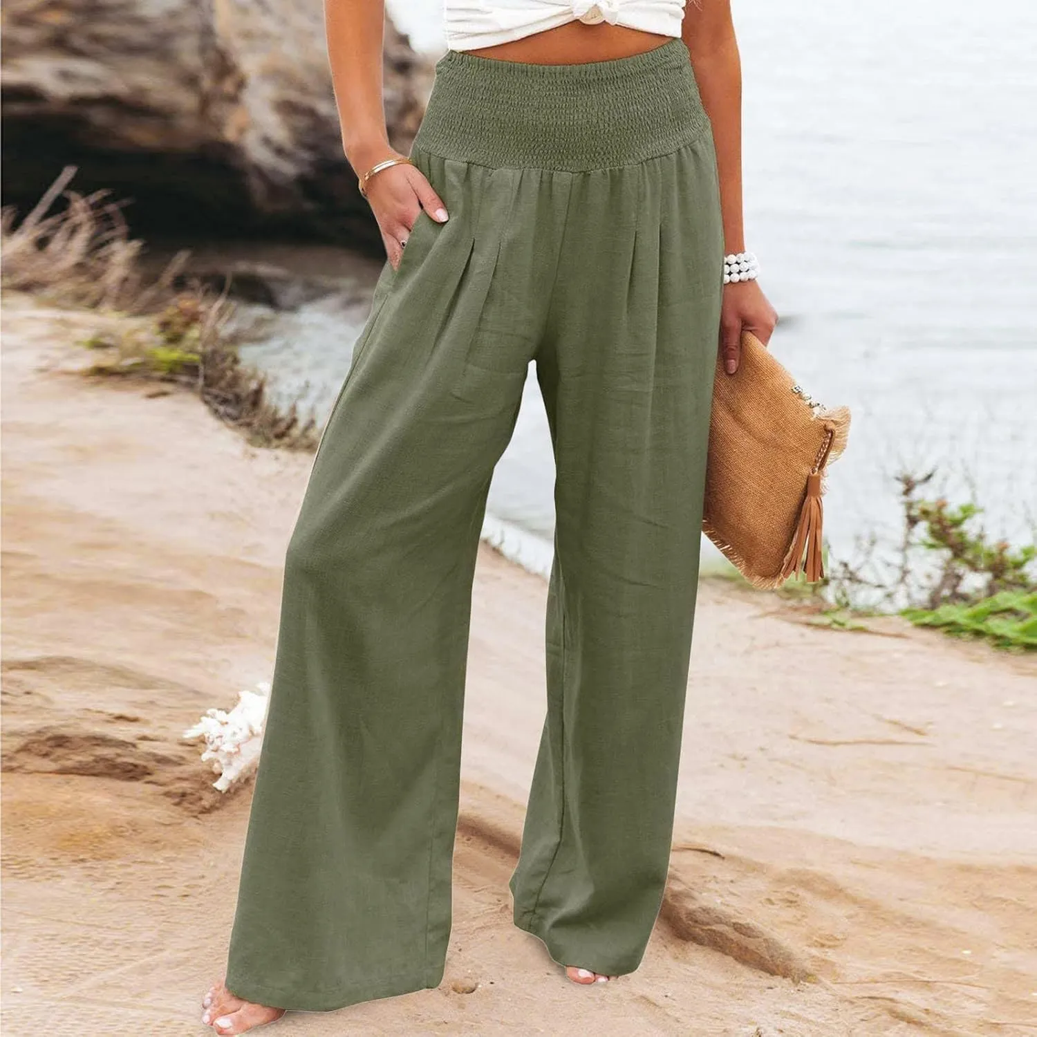 yardsong Linen Pants Women 2024 Summer Trendy Casual Wide Leg Pant Smocked High Waisted Palazzo Beach Pants with Pockets