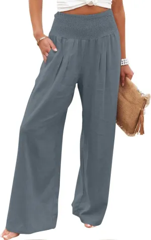 yardsong Linen Pants Women 2024 Summer Trendy Casual Wide Leg Pant Smocked High Waisted Palazzo Beach Pants with Pockets