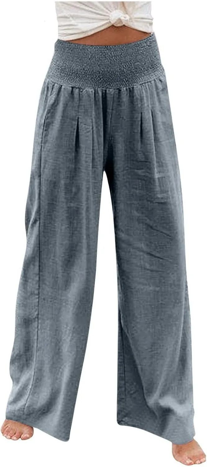 yardsong Linen Pants Women 2024 Summer Trendy Casual Wide Leg Pant Smocked High Waisted Palazzo Beach Pants with Pockets