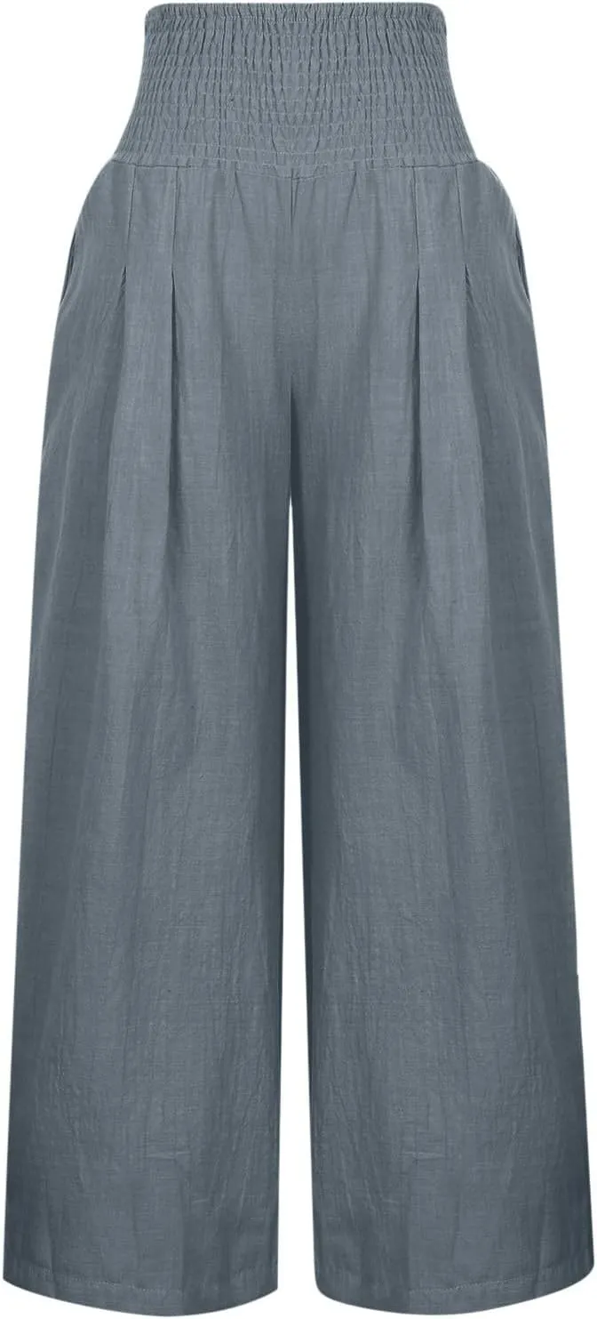 yardsong Linen Pants Women 2024 Summer Trendy Casual Wide Leg Pant Smocked High Waisted Palazzo Beach Pants with Pockets