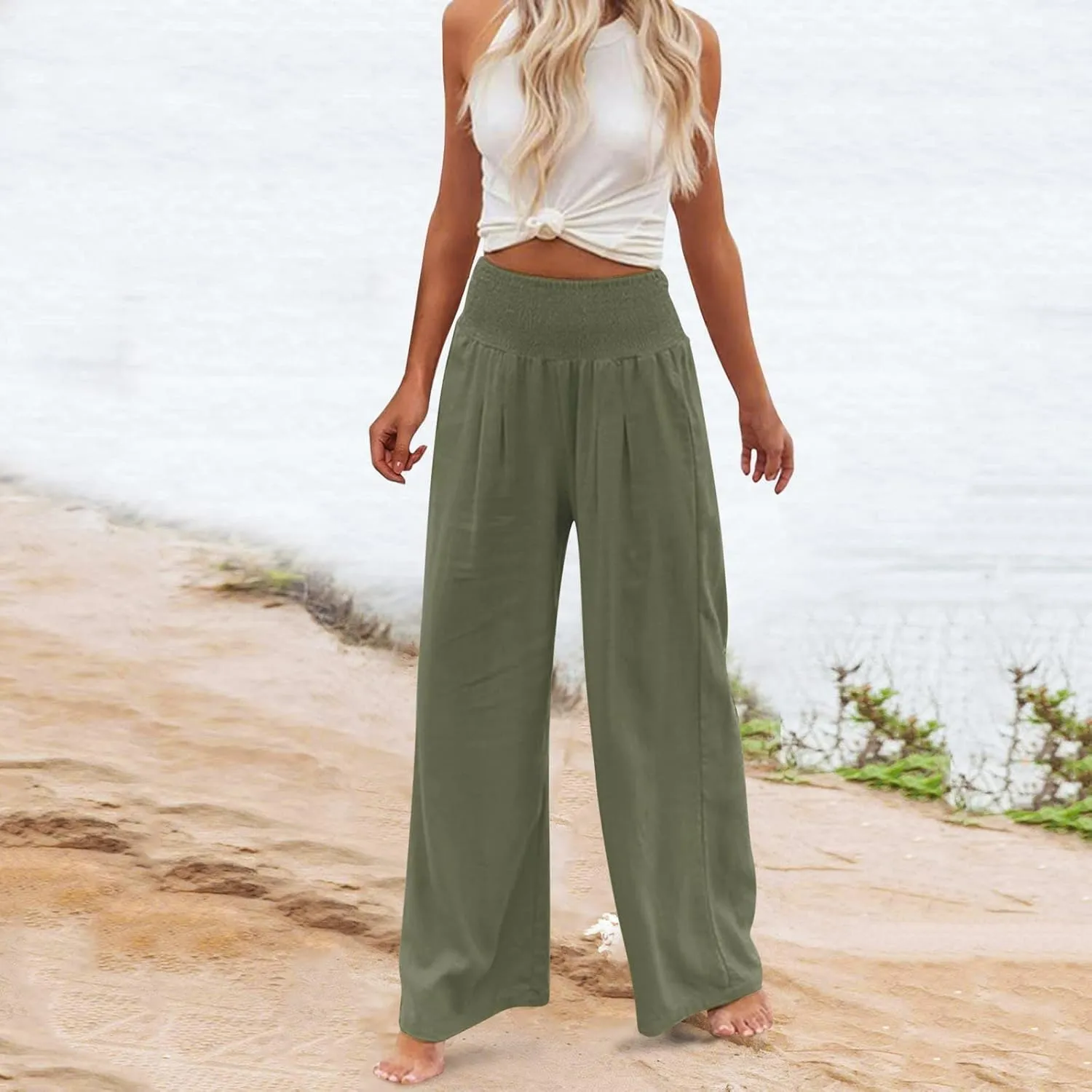 yardsong Linen Pants Women 2024 Summer Trendy Casual Wide Leg Pant Smocked High Waisted Palazzo Beach Pants with Pockets