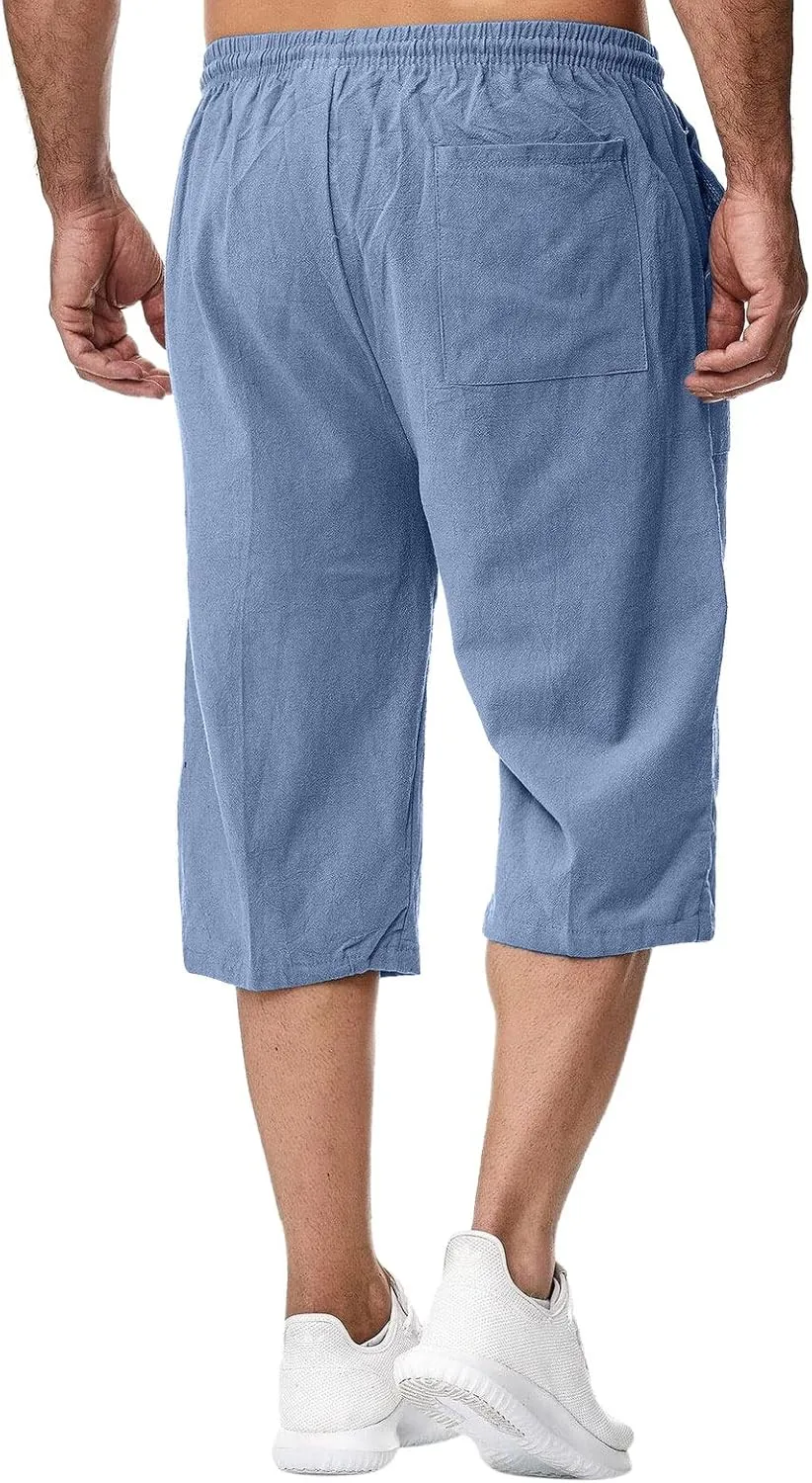 ZWRXW Men's Long Linen Shorts Casual Summer Beach Below Knee Length Pocketed 3/4 Drawstring Capri Pant