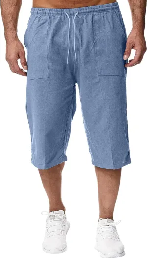 ZWRXW Men's Long Linen Shorts Casual Summer Beach Below Knee Length Pocketed 3/4 Drawstring Capri Pant