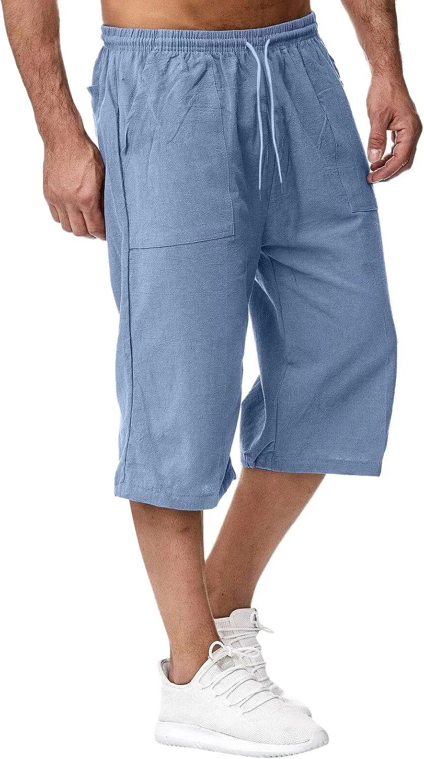 ZWRXW Men's Long Linen Shorts Casual Summer Beach Below Knee Length Pocketed 3/4 Drawstring Capri Pant