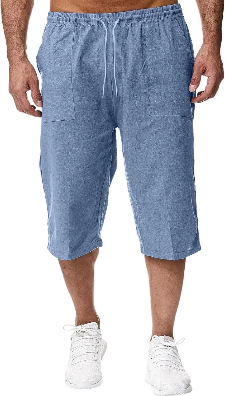 ZWRXW Men's Long Linen Shorts Casual Summer Beach Below Knee Length Pocketed 3/4 Drawstring Capri Pant